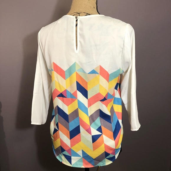 Blue Rain Blouse Mosaic Rainbow Chevron 3/4 Sleeve - Picture 3 of 4